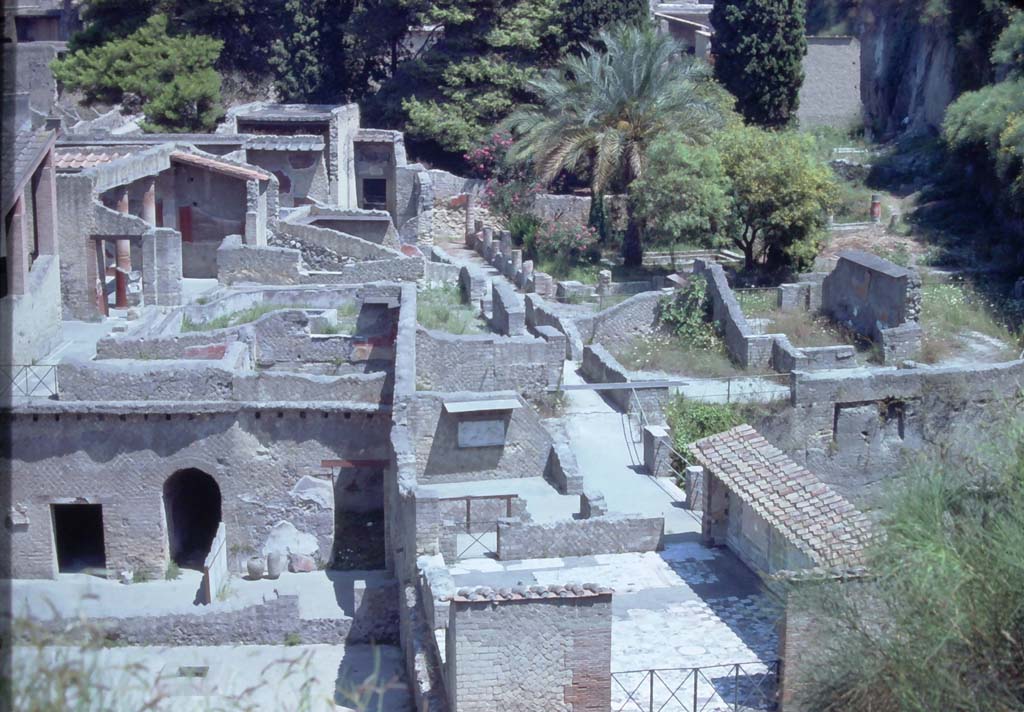 Ins. Or. 1. 2, Herculaneum 7th August 1976. Looking north from access roadway.
On the right are the rooms of the House of Telephus.
Lower is the “tower room” (without a roof), in the centre are the rear rooms and the peristyle garden can be seen at the top, on right.
On the left are Ins. Or. I.1 and I.1a
Photo courtesy of Rick Bauer, from Dr George Fay’s slides collection.